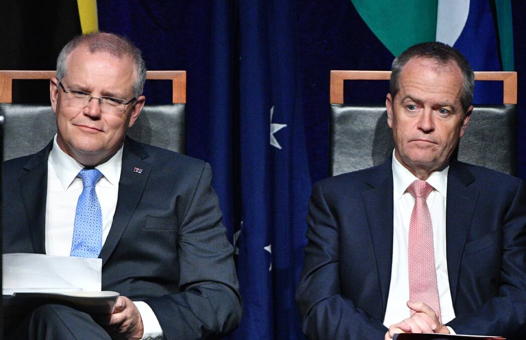 Prime Minister Scott Morrison and Leader of the Opposition Bill Shorten in the Great Hall at Parliament House in Canberra. Photo by AAP Image/Mick Tsikas.