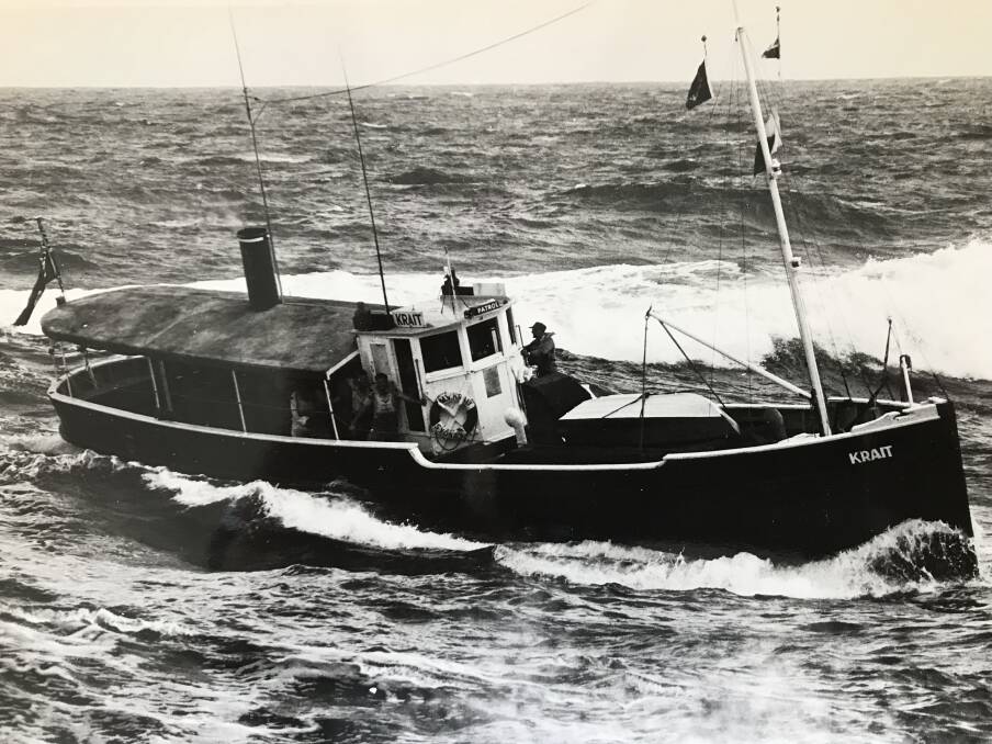 The Krait narrowly avoided disaster crossing Ballina bar on her way to a refit in 1982. (Photo by Warren Croser, the Northern Star.)
