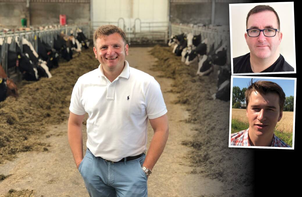 Austria's Markus Habisch at a Dutch dairy farm, Chris McCullough (Northern Ireland) and Dirk-Jan Kloet (Netherlands).