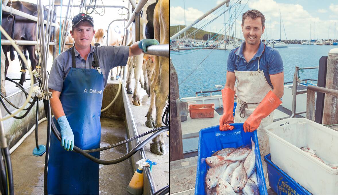 Taree dairy farmer Adam Cooke and Coffs Harbour commercial fisherman Danny Green. Photos supplied by Young Farmer Business Program.