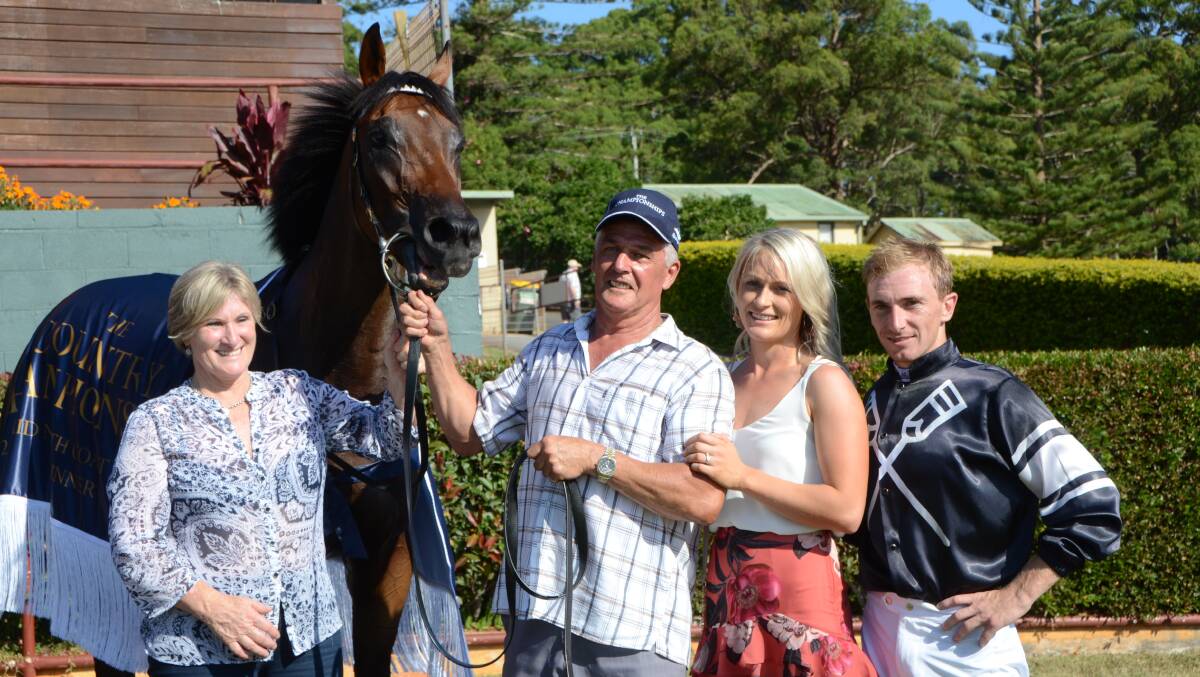 Trainer Jenny Graham with Victorem, partner Shane Conroy, her daughter Melinda Turner, and jockey Ben Looker after the win in the first Country Championship qualifying race at Port Macquarie. Photos by Virginia Harvey. 