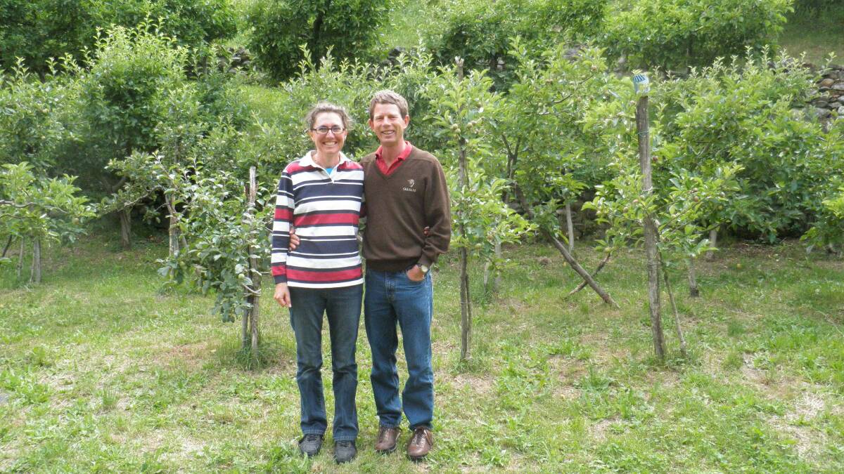 Nuffield Scholar 2010 Helen Thomas with her husband Wayne in the orchard of her great-great grandfather owned in northern Italy, which despite being close to the outskirts of Tirano, is still productive farmland.