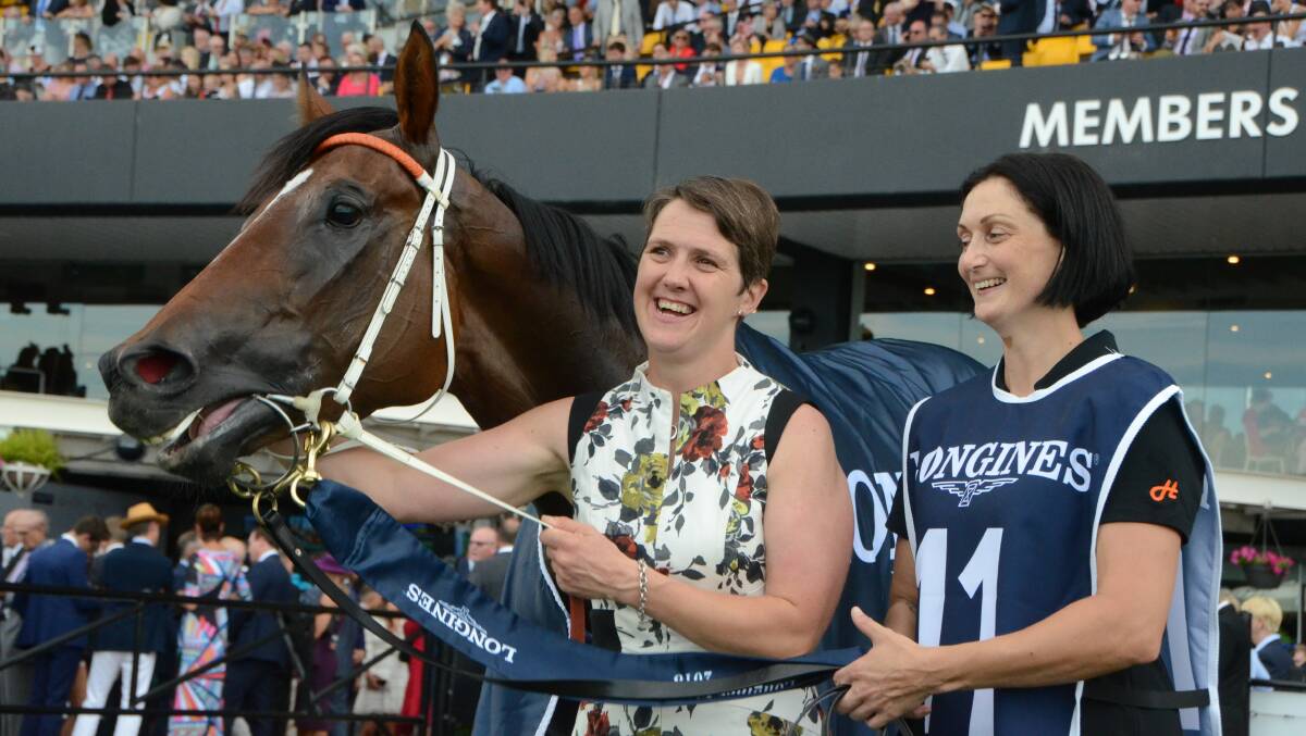 Team Hawkes stable fore person Tania Ruse and strapper Louise Mingay with Estijaab after the filly’s Golden Slipper win.  