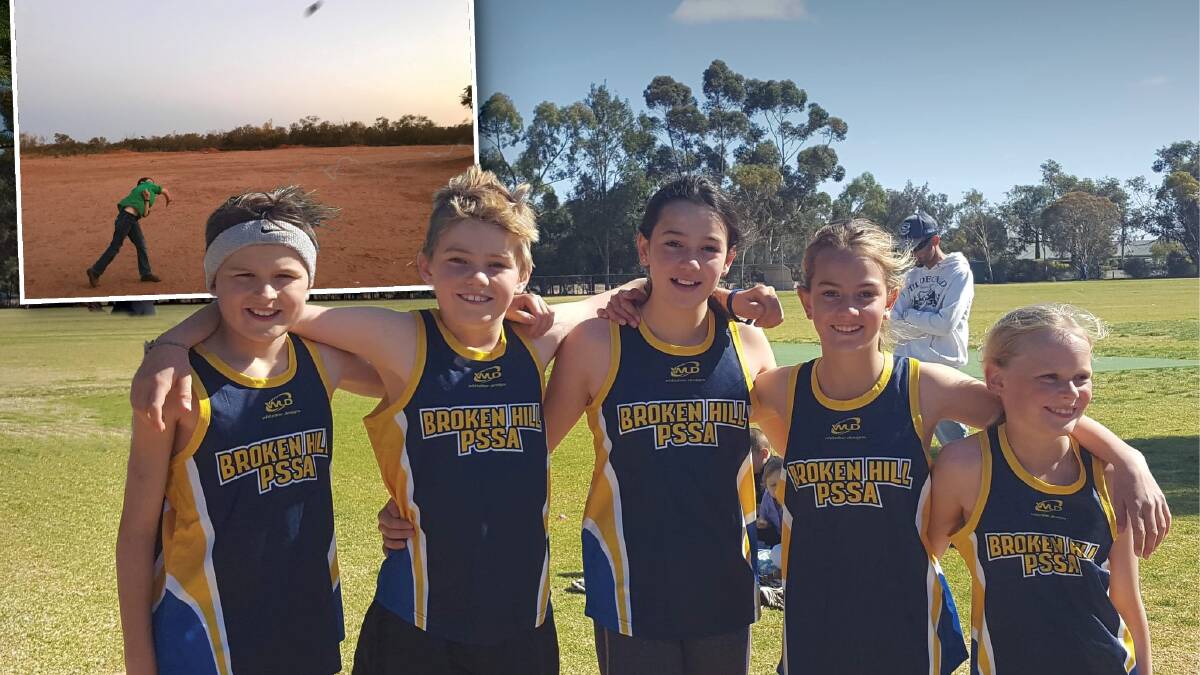 Broken Hill School of the Air students Angus Hodges, Jack Siemer, Charlotte Pearce, Poppy Young and Jessica Mashford at the Barrier District PSSA carnival in Mildura. Insert Jack Siemer practising at home.
