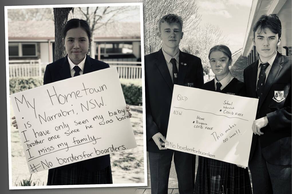 SCOTS PGC College students Halle Rooney from Narrabri along with Peter, Eleanor and Jack McFarland from Bingara are calling for #nobordersforboarders. Photo: SCOTS PGC College, Warwick