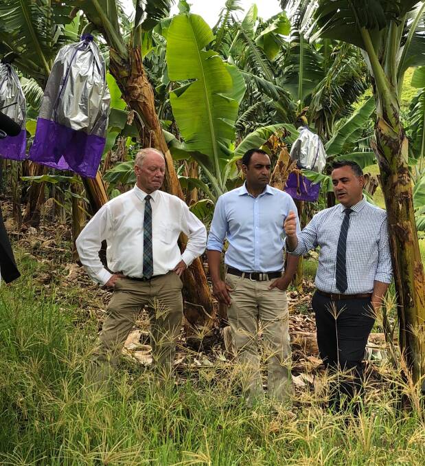 Deputy Premier John Barilaro joined NSW Nationals Candidate for Coffs Harbour Gurmesh Singh and sitting Coffs Harbour MP Andrew Fraser at a Coffs Harbour banana farm to discuss the ‘Right to Farm’ policy and the appointment of an Agriculture Commissioner. Photo supplied.