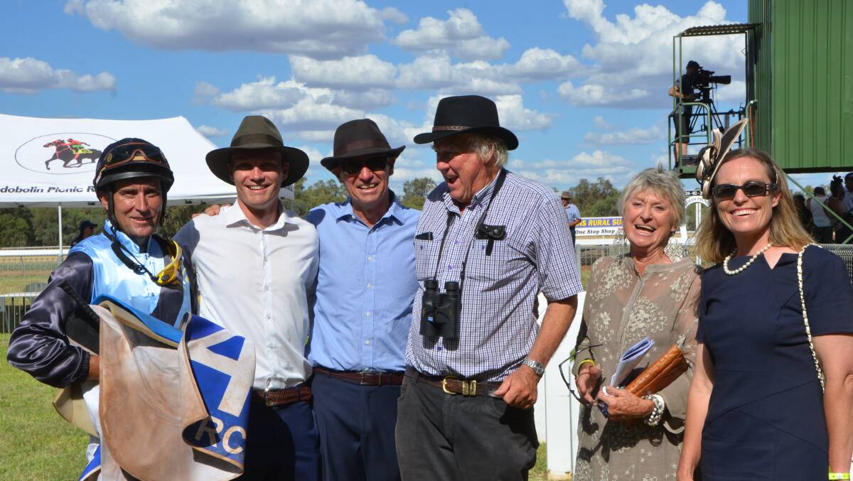 Jockey Ricky Blewitt, Cameron Beattie with Dad and trainer Steve Beattie, part-owners David Simmons, and Gai Berry, and Simone Beattie.