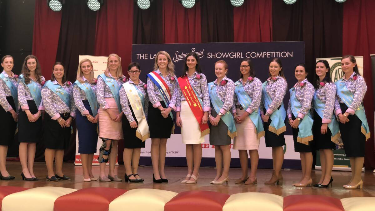 Stephanie Clancy from Walbundrie Show Society has been sashed this year's winner (middle), with Dunedoo Showgirl Effie Fergusson first runner-up (right) and Forbes Showgirl Sally Downie second runner-up (left). Also pictured are the other zone finalists. Photo by Samantha Townsend.