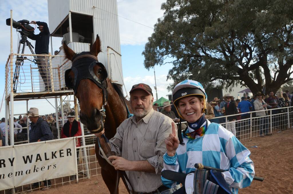 Happy winning pair Dubbo conditioner Brian Young with Tamworth-based rising apprentice Wendy Peel after the win by Bon Honour at Louth. Photos by Virginia Harvey