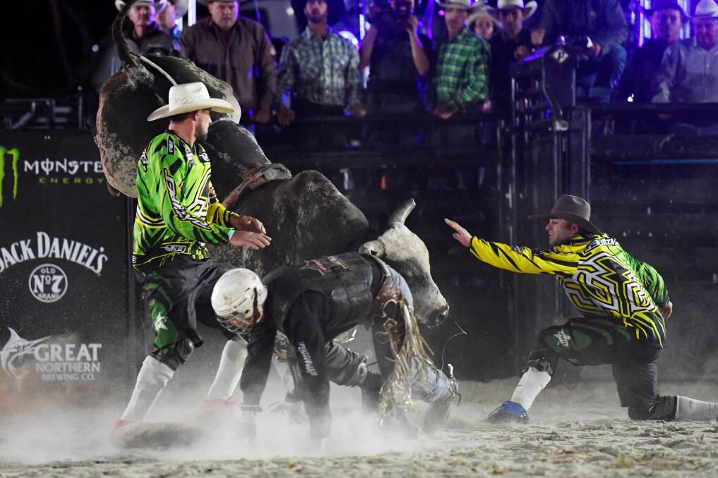 Protection athletes Mitch Russell and Geoff Hall can be seen in action during the Professional Bull Riders Monster Energy Tour Iron Cowboy event at Tamworth’s AELEC Arena on November 17. 