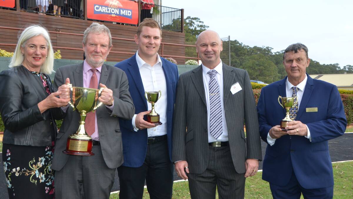 Judith Spence and Jack Lake, of Canberra; Liam Prior, Sydney; sponsor Graham Carter, Port Macquarie, and Gregory Delaforce, Port Macquarie Race Club president.  
