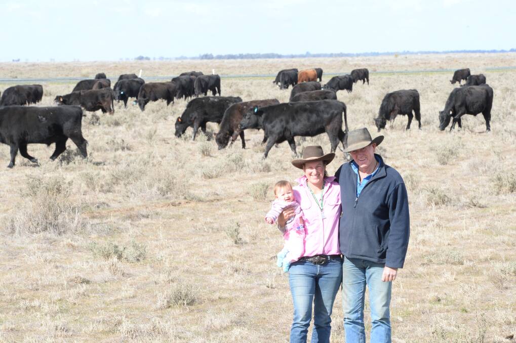 Colin Byron, partner Kirsty and daughter Bonnie on the road in the Deniliquin shire. Photos by Rachael Webb.