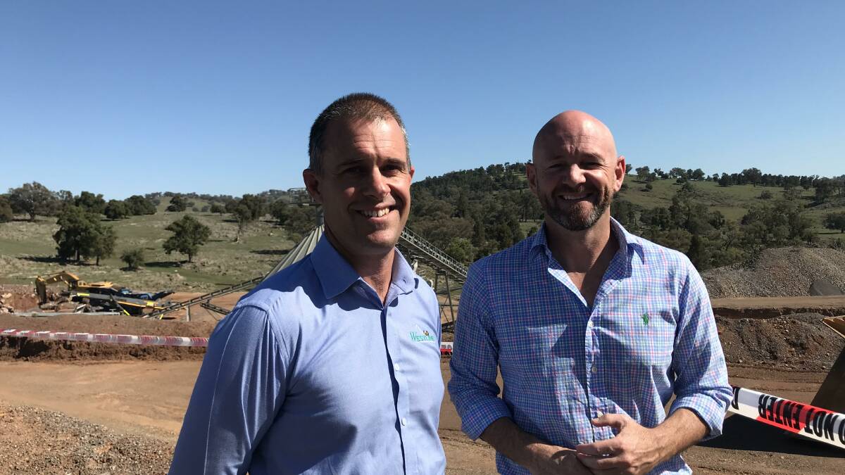 Westlime owner Andrew Commins and Industry Minister Niall Blair at the opening of the lime mine at Canowindra.