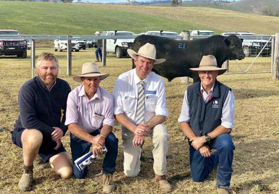 Ben Pritchard from Mill Creek Angus, Stroud, James Laurie, auctioneer Paul Dooley and Ted Laurie with top-priced bull Knowla Payload P05.