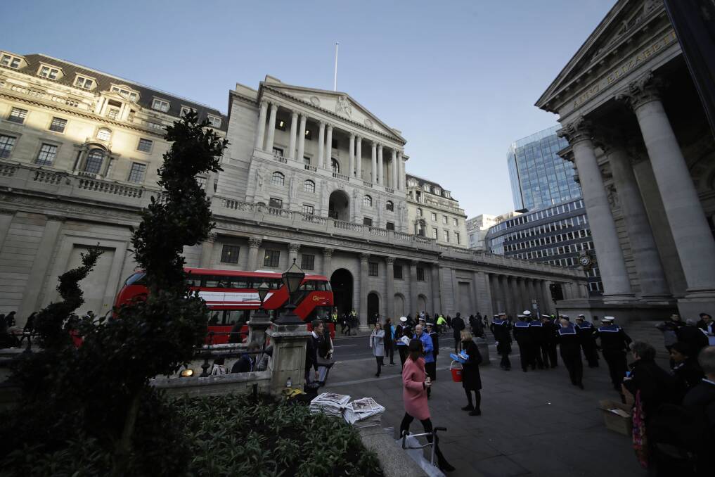 An exterior view shows the facade of the Bank of England in the City of London.