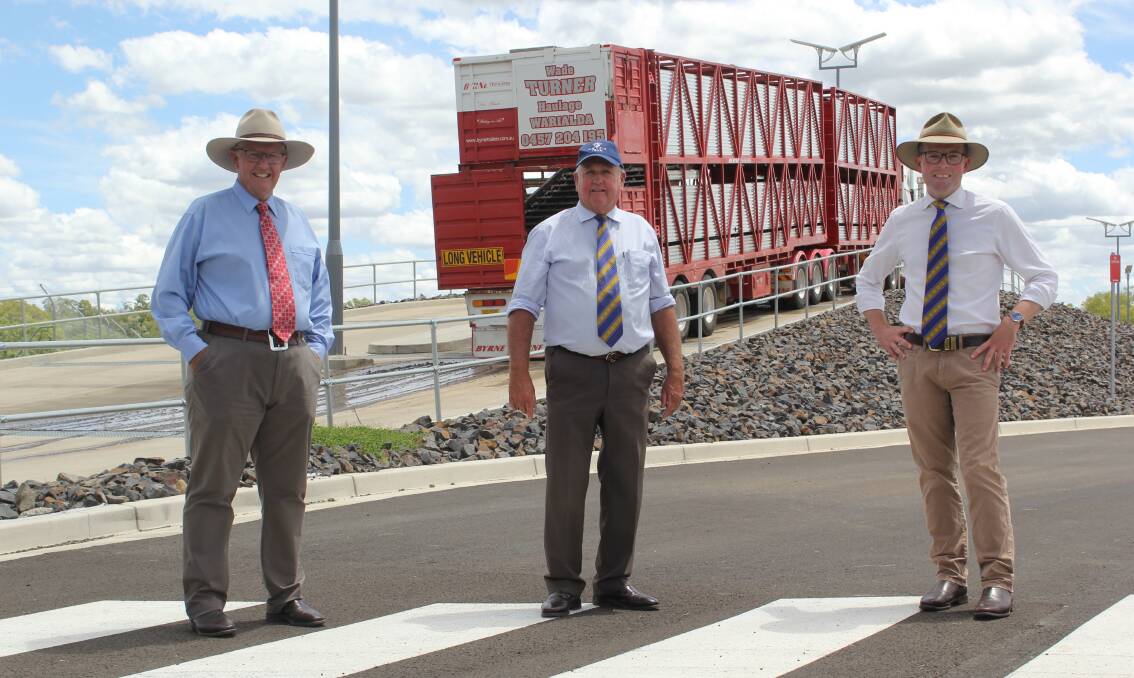 Parkes MP Mark Coulton, Gwydir shire mayor John Coulton and Northern Tablelands MP Adam Marshall unveiled the new Warialda truck wash on Monday. Photo: Supplied 