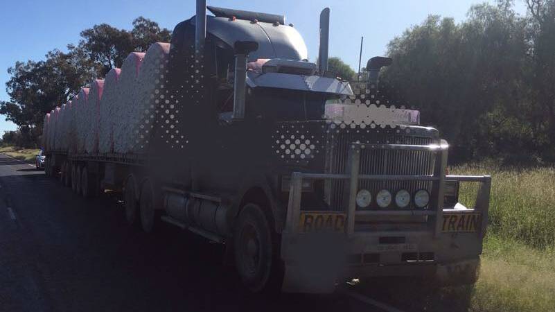 Police pulled over the roadtrain on the Gwydir Highway near Moree last Friday after officers spotted one of the trailers was missing a set of wheels. Photo: NSW Police 