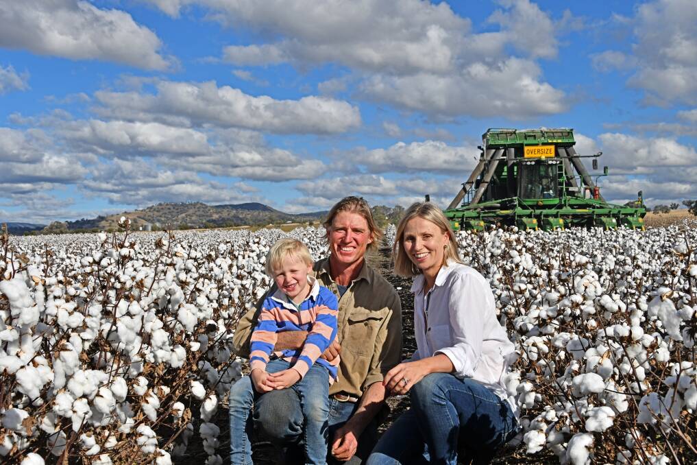 Cotton picking is well and truly under way for Liverpool Plains producers Emma, Darcy 4 and Tim Langfield, Premer Hill, Bundella. Photo: Billy Jupp