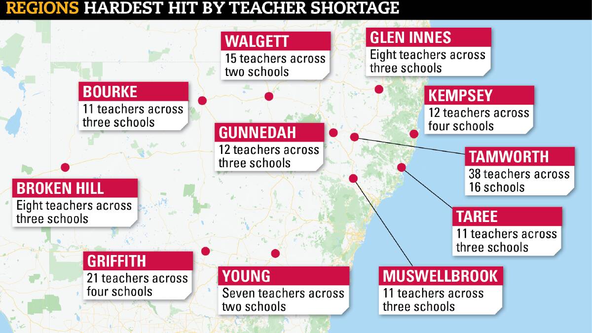 A map of some of the regions hardest hit by the ongoing teacher shortage. 