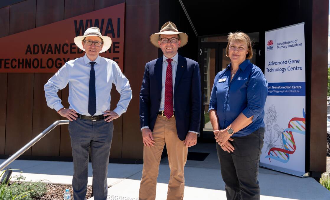 Wagga Wagga MP Dr Joe McGirr, NSW Agriculture Minister Adam Marshall and Wagga Wagga Agricultural Institute director Deb Slinger officially open the Advanced Gene Technology Centre. Photo: Supplied 