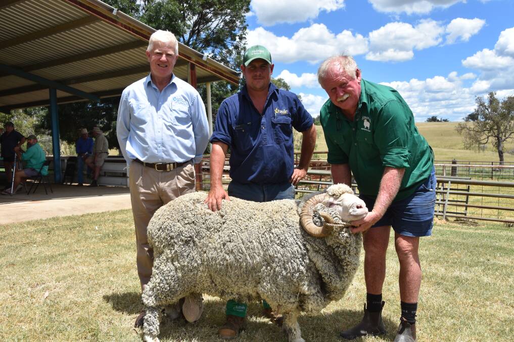 John Croake, AWN, buyer, Phil Taylor, Ford End, Delungra, and Rodney Kent, Kurrajong Park, Delungra, with the $2200 sale topper sold to Ford End.
