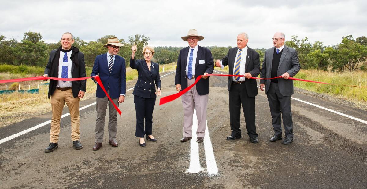 Gwydir Shire Council engineering manager Alex Eddy, Northern Tablelands MP Adam Marshall, NSW Governor Margaret Beazley, Parkes MP Mark Coulton, Gwydir shire Mayor John Coulton and council's general manager Max Eastcott open the bypass. Photo: Supplied 
