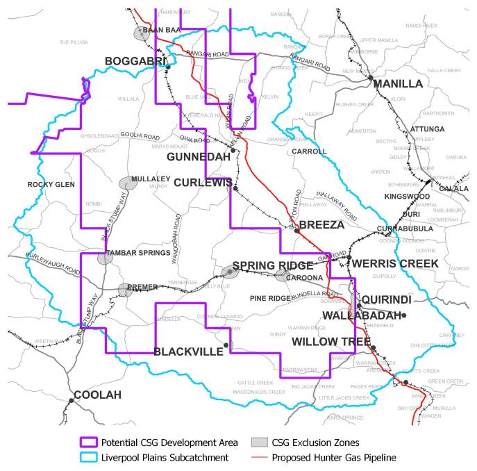 This map shows which areas of the Liverpool Plains could be impacted by the renewed gas exploration licences. Photo: Supplied 