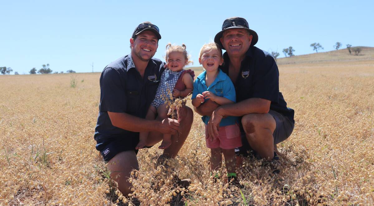 Josh Wright, Ivy Wright (3), Ella Wright (1) and Rodney Wright take in the spring-sown chickpea crop on their Woodstock property. Photo: Supplied 