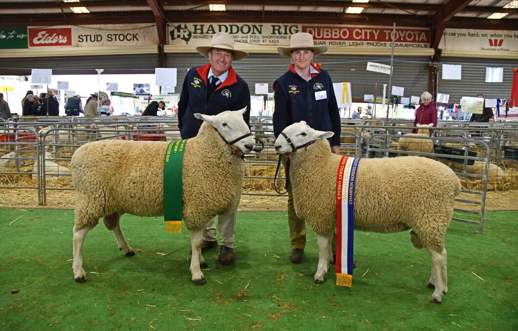 Bindaree Border Leicester stud principals Reg and Rowena Munro, Merrygoen, with the reserve and champion rams. Photos: Billy Jupp 