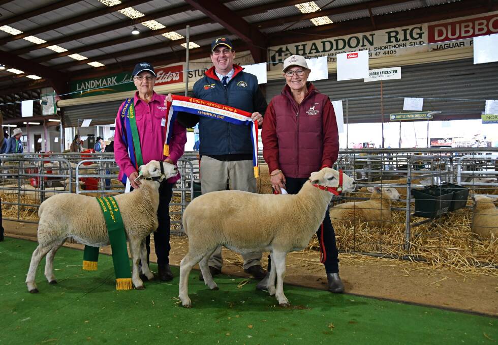 Lois Dunyer, Reavesdale Wiltipoll stud, Murringo, judge Jeff Sutton, Wattle Farm Border Leicester stud, Temora and Loris Dunyer, Westmoreland Wiltipoll stud, Wiseman's Creek, with the reserve and champion ewe. Photo: Billy Jupp 
