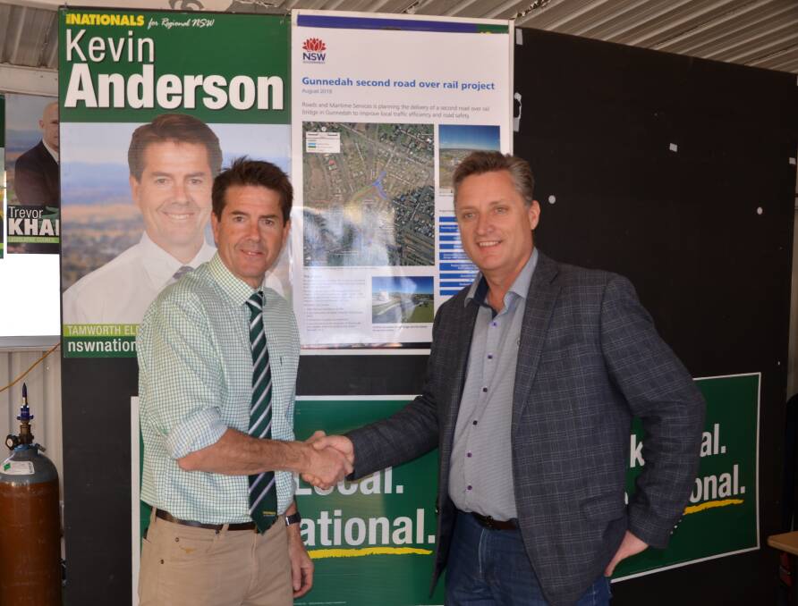 ALL SMILES: Tamworth MP Kevin Anderson and Gunnedah mayor Jamie Chaffey celebrate the news of fresh funding for the Gunnedah Showgrounds. Photo; Billy Jupp