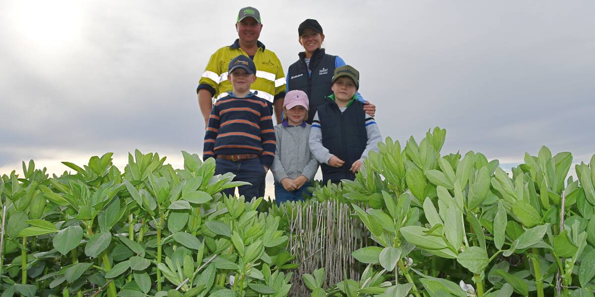 ATD Farming's Tom, Melissa, Max ,Georgie and Jack Greentree in one of the family's faba bean crops near Mungindi. Photo: Billy Jupp 