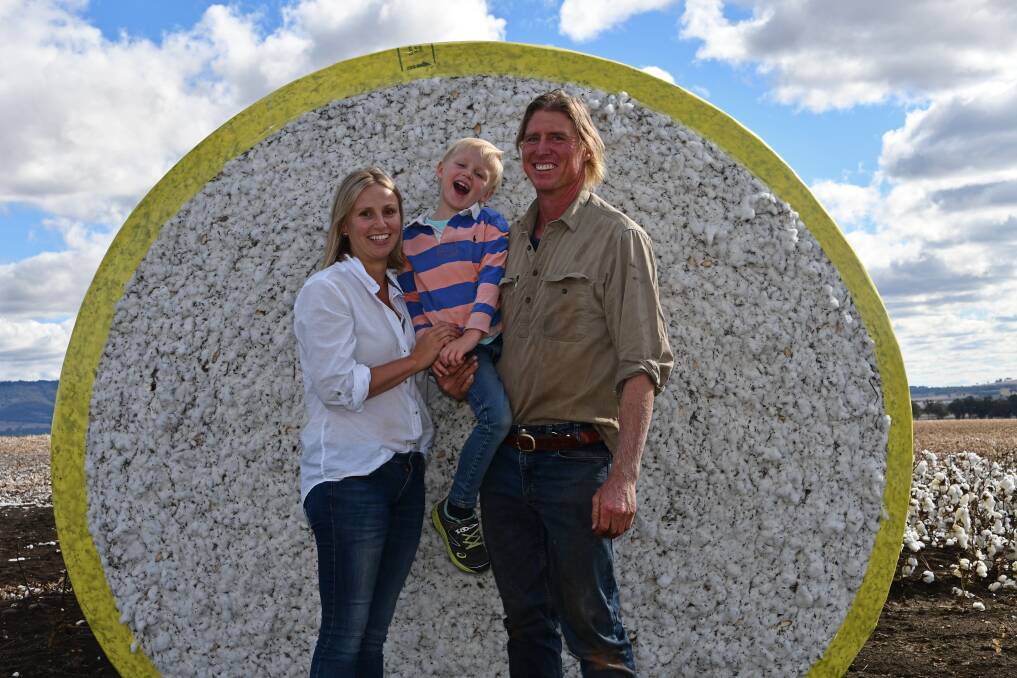 The dryland cotton season has been a success for Liverpool Plains producers Emma, Darcy 4 and Tim Langfield, Premer Hill, Bundella, despite the impacts of an April frost. Photo: Billy Jupp