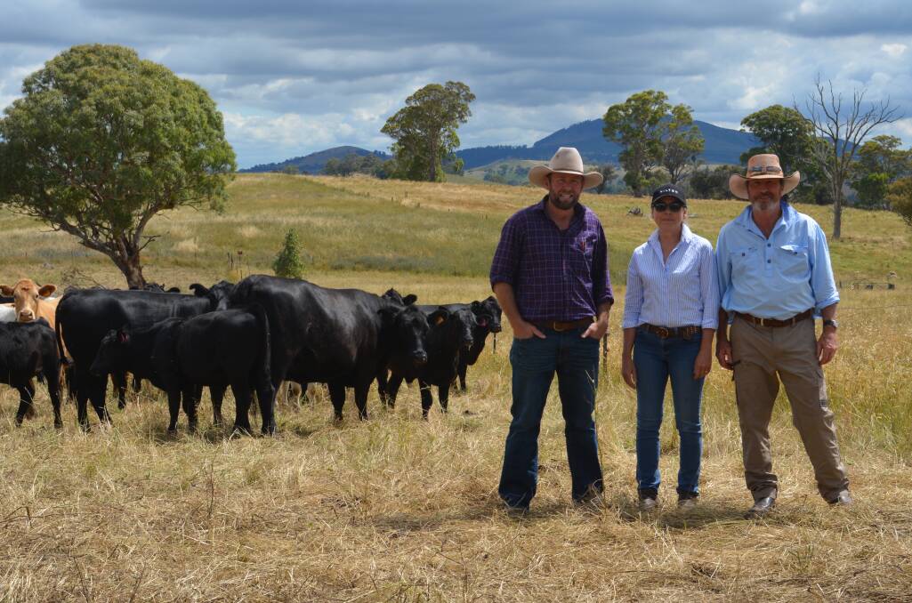 CIRCLE 8 INFLUENCE: Agent Michael Anderson, JJ Dresser and Co, and Megan and John Rowlands with their cattle at Hilton, Mandurama. Photo: Hannah Powe
