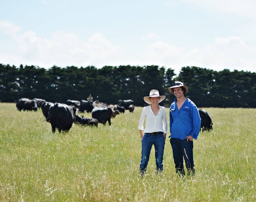 Mount Moriac Beef owners Eliza Holt and Jim McKenna at their property on Victoria's Surf Coast hinterland.