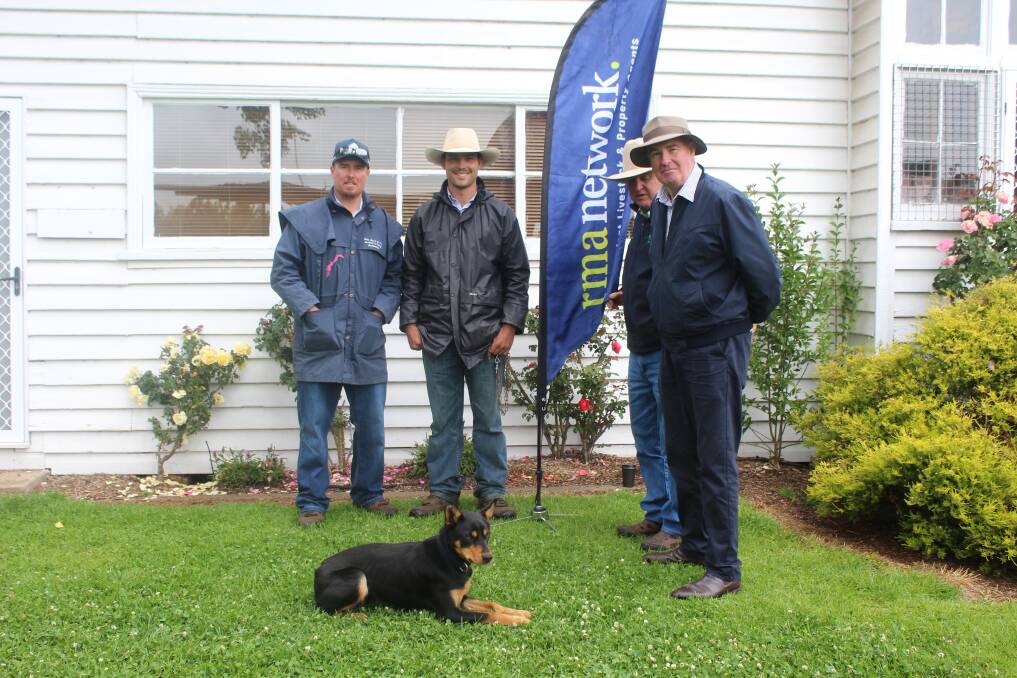 TOP 2017 RESULT: Organising agent Shad Bailey, top priced dog Kanika Echo and trainer Sam Gates, with Philip Frame and John Peden from rma network.