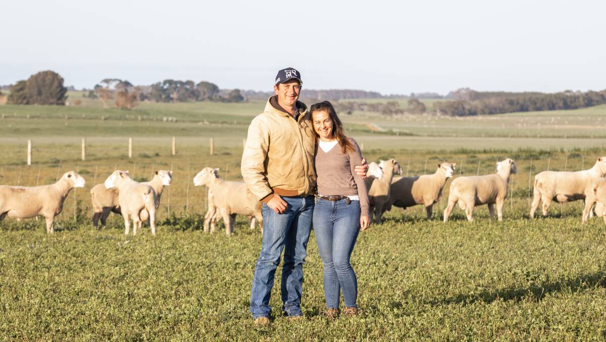 LIFTING PRODUCTION: Lachie and Sophie Kelly from LSK stud, which supplies terminal sires in three different breeds.