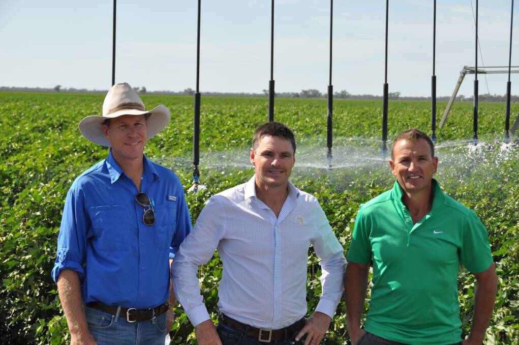 Nick Gillingham, David Statham and Nathaniel Phillis from "Keytah", Moree. The cotton property will host the first automation irrigation demonstration site involving four systems of irrigation in Australia this season.