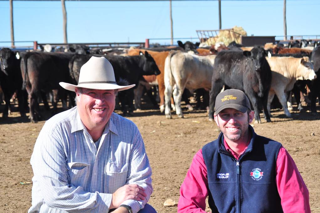 BEEF SPECTACULAR: Feedback trial analyst Jeff House, Jeff House Livestock, Forbes, with Teys Australia Jindalee Feedlot operations manager Shane Bullock.