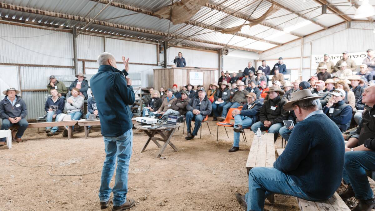 John Francis speaking to the crowd at the Glenavon Angus field day, which was well-attended with 140 people wanting to learn how to maximise profitability in a commercial beef business. Picture supplied, Anna Kemph Photography