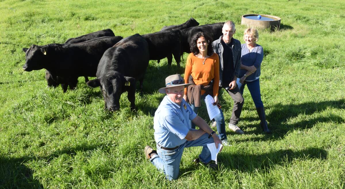 OPEN DAY: Mark Gillett with visitors Clea and Mark Mevry, Jackadgery, and Gillian Day, Bentley, at Ghinni Ghi Angus during Northern Beef Week.