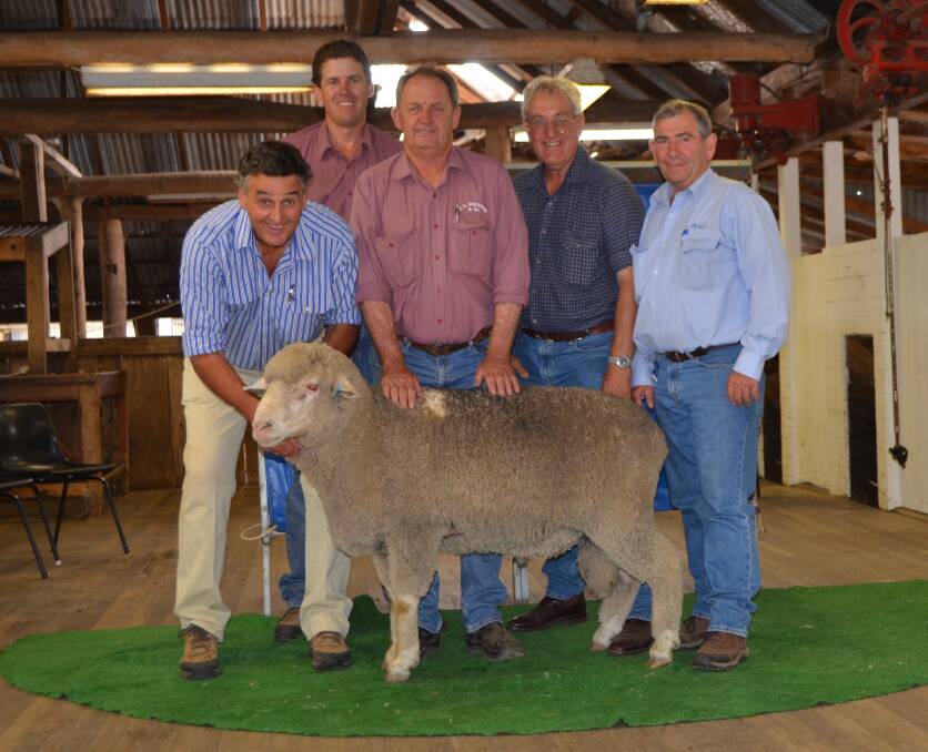 Alfoxton Dohnes stud principal Chris Clonan, selling agents Robbie Bloch and Phil Hurford, CL Squires and Co, Inverell, buyer Ian Uebergang, "Oakhurst", North Star, and buying agent Harold Manttan, AWN, with the $3000 ram.