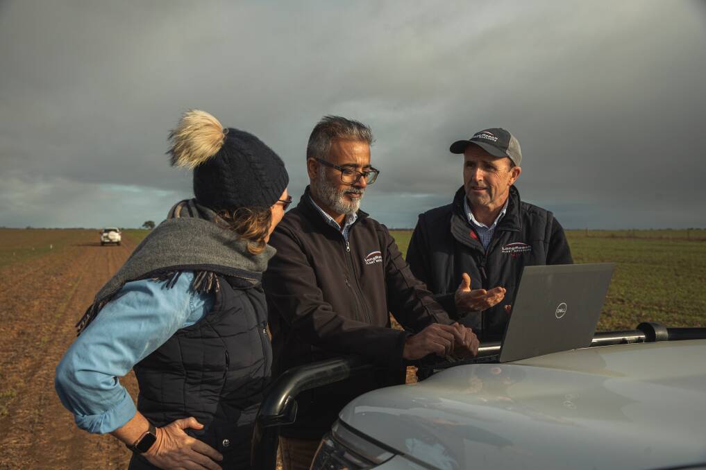 LongReach Plant Breeders employees Dr Meredith Herring, wheat breeder - east, Dr Harpreet Gill, wheat breeder - south and Col Edmondson, technical development manager - south, discuss early trial vigour at one of the 44 LRPB trial sites across Australia.