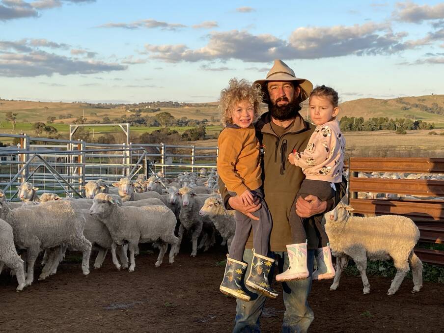 MORE PRODUCTIVE LINE: Boorowa woolgrower Ben Johnson with his children Albert and Faro with the family's maiden ewes. 