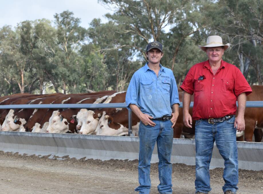 Hugh and Adrian Spencer at the family's feedlot at Barraba. Picture supplied