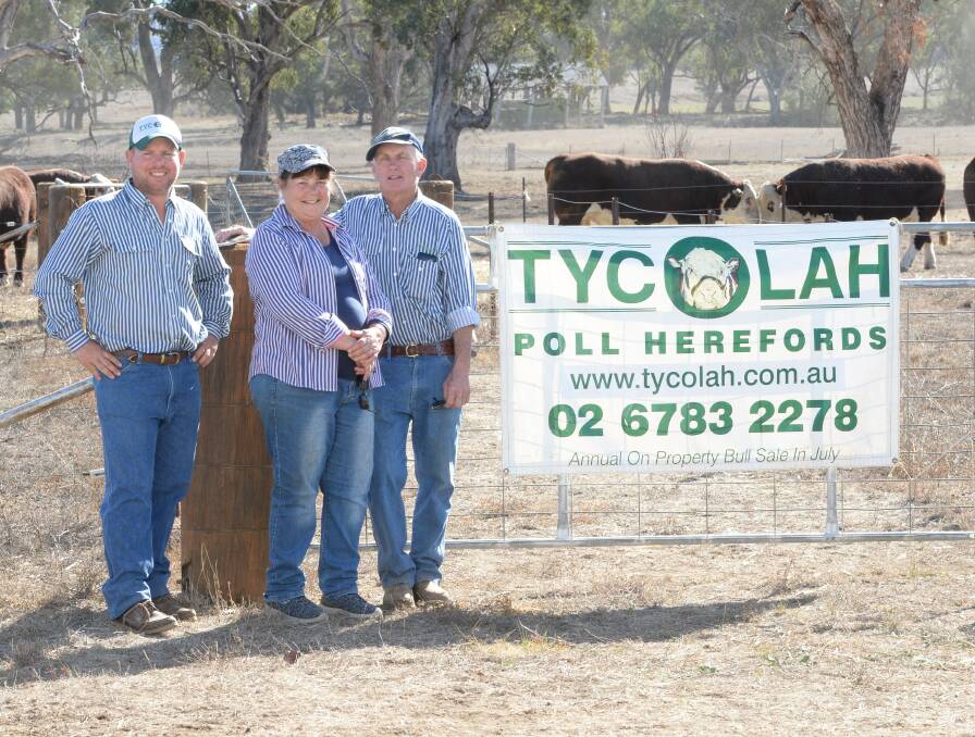 TWO GENERATIONS: Ben, Therese and Steve Crowley at Tycolah, Barraba. The stud will celebrate 50 years at their bull sale on July 19.