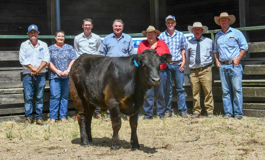 Nathan Purvis of Colin Say and Co, Findex representatives Nikki Smith and Jason Duffell, vendor Col McGilchrist, buyer Charlie Foote with fitter Matt O'Dwyer, judge Bryce Whale and Colin Say and Co's Shad Bailey with the 1600c/kg steer, which was also named grand champion. 