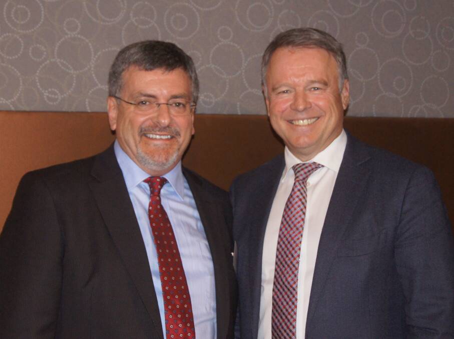 US Embassy Agriculture Counsellor Hugh Maginnis (left) and Shadow Agriculture Minister Joel Fitzgibbon at the National Rural Press Club event in Canberra last night.