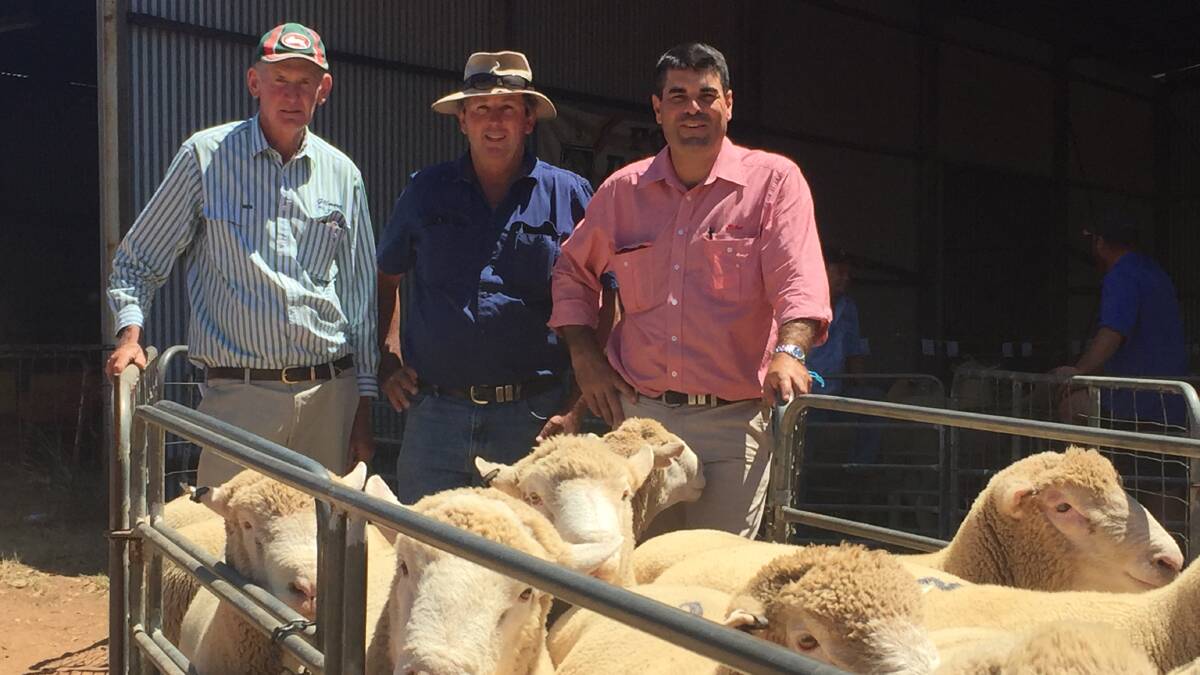 Gillmore studmaster, Les Ryan, Yeoval, with multi-lot buyer, Ted Hodges,"Avoca", Baldry, who bought 14 rams averaging $1264, and auctioneer, Martin Simmons, Elders.