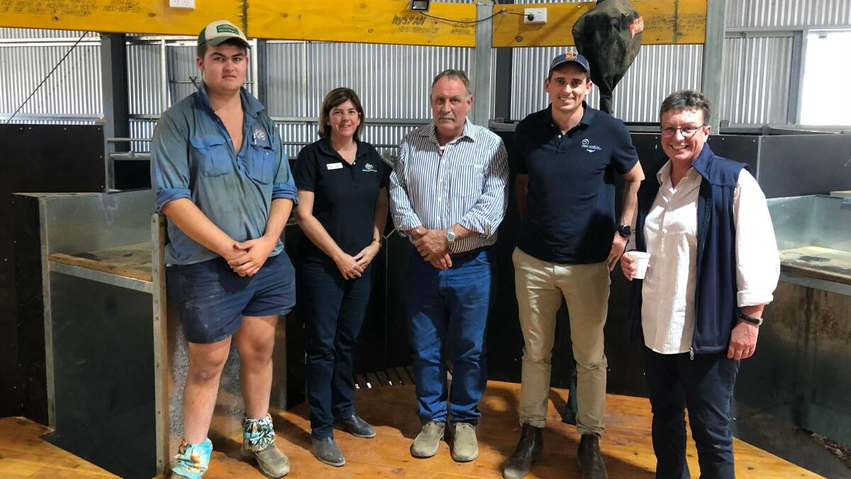Nicholas Le Lievre with Claire Butler, shearing contractor Michael Morrison, Mark Scott, AWI, and Nicole Bladwell, Robobank, Dubbo.
